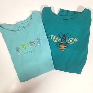 Pair of Life is Good T-Shirts Women's Medium Teal Blue Bee Trees